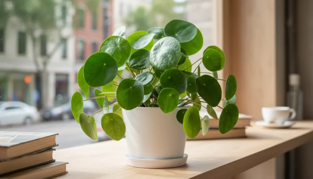 Healthy money plant with green heart-shaped leaves in white pot showing proper money plant care results