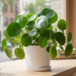 Healthy money plant with green heart-shaped leaves in white pot showing proper money plant care results