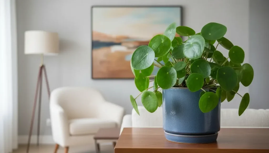 Money plant care example showing glossy green pothos leaves in ceramic pot with natural lighting