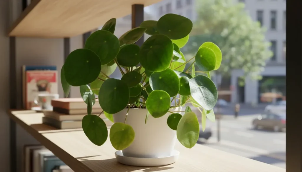 Healthy pothos with vibrant green heart-shaped leaves cascading from white ceramic pot on table