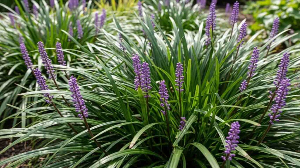 Monkey grass care demonstration with established liriope clumps displaying purple blooms and healthy green foliage