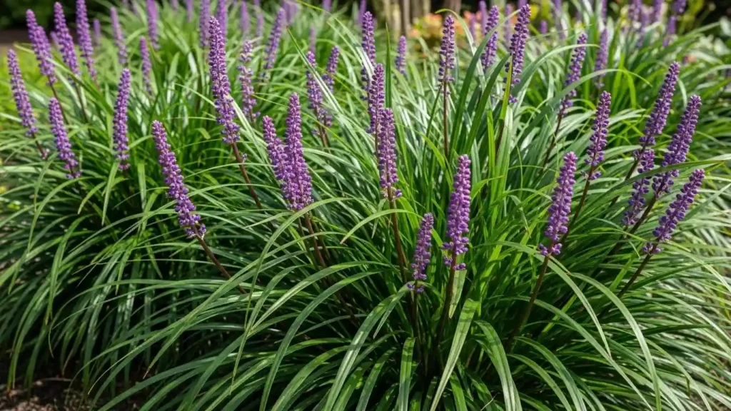Growing monkey grass with proper care techniques showing purple flowering spikes and thick grass-like leaves in garden