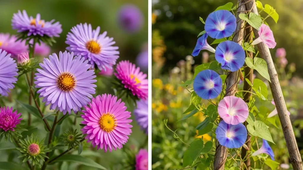 September birth flower display featuring purple asters and blue morning glories growing together in a sunny garden
