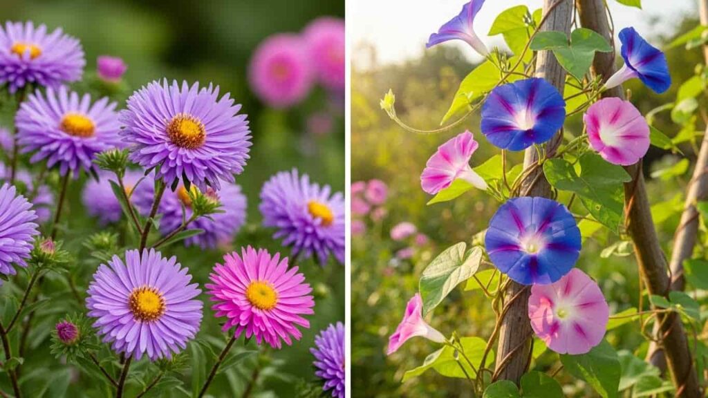 September birth flower garden with blooming asters and morning glory vines in purple, pink and blue colors