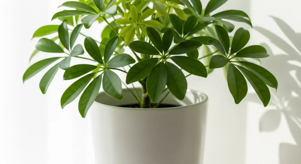 Healthy Schefflera arboricola with glossy green palmate leaves in white ceramic pot