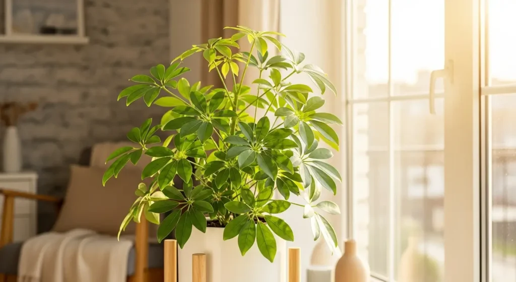 Lush umbrella plant near window demonstrating successful umbrella plant care in home setting