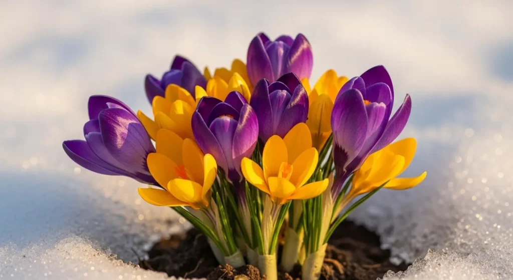Crocus flowers plant with purple and yellow petals blooming through light snow in early spring garden