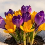 Crocus flowers plant with purple and yellow petals blooming through light snow in early spring garden