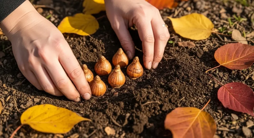 Crocus flowers plant corms being planted pointy side up in well-draining garden soil in fall