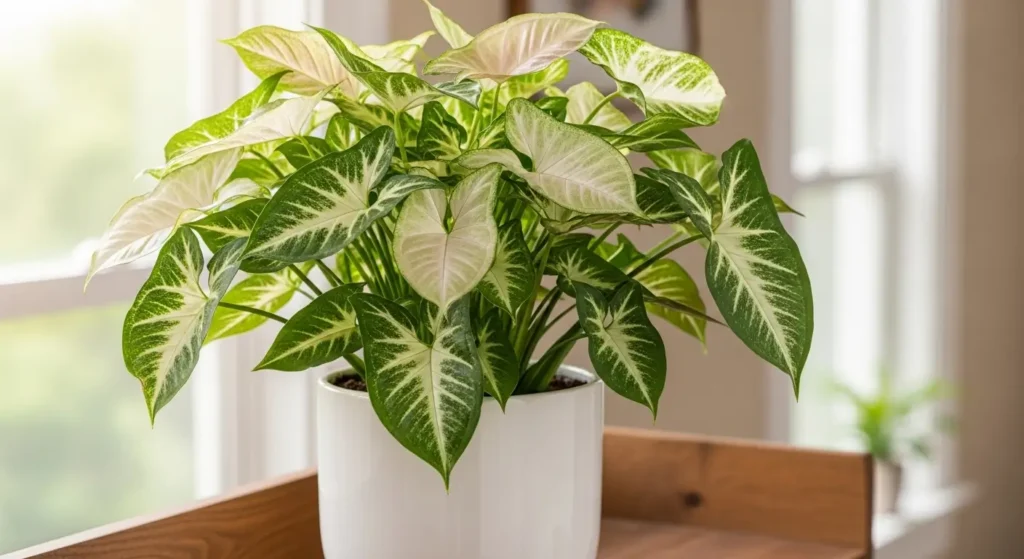 Arrowhead plant care — healthy Syngonium podophyllum in a white pot with bright indirect light