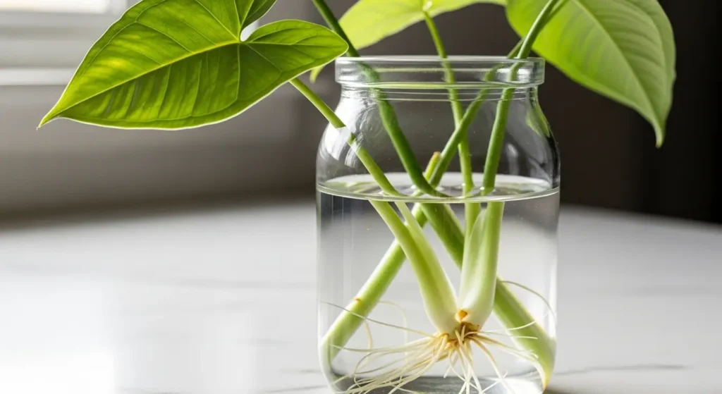 Arrowhead plant care propagation — Syngonium stem cuttings rooting in a glass jar of water