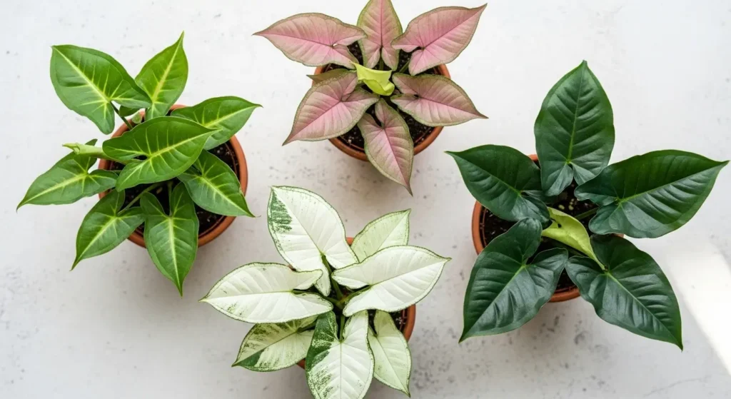 Arrowhead plant care — four Syngonium podophyllum varieties in pink, green, white and emerald