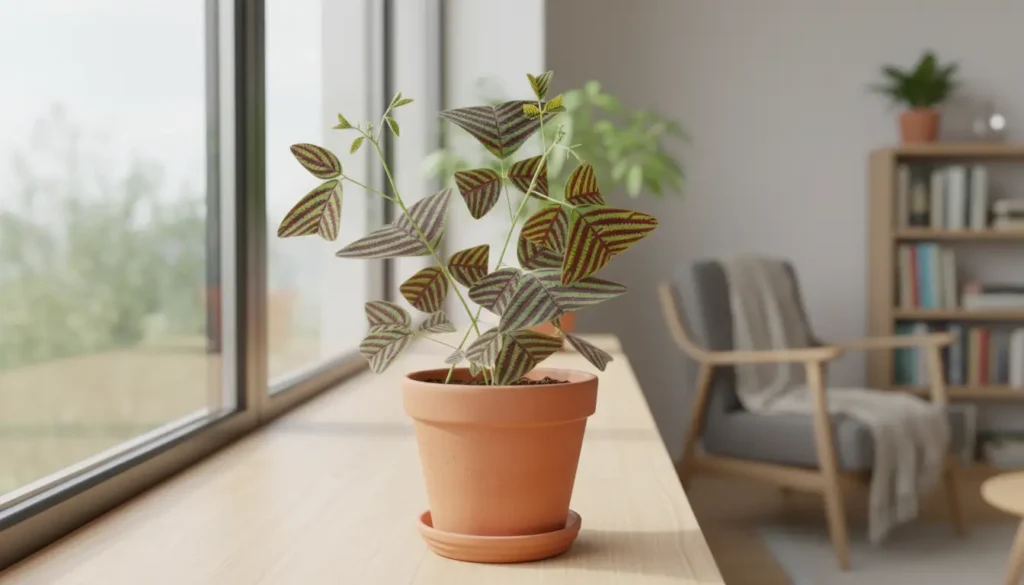 Butterfly plant care in a terracotta pot — striped green leaves growing near a sunny window indoors