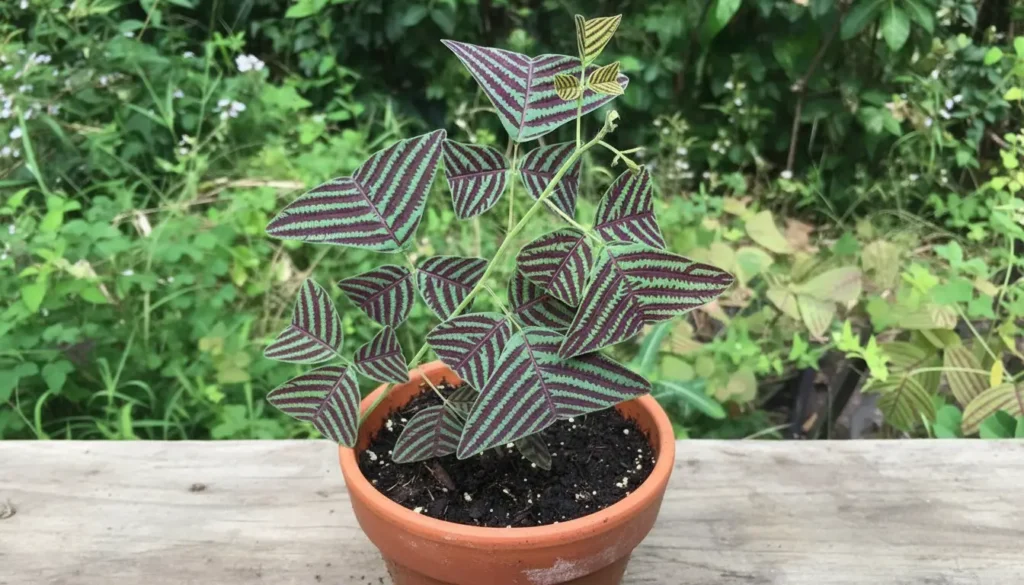 Butterfly plant care in a terracotta pot — striped green leaves growing near a sunny window indoors