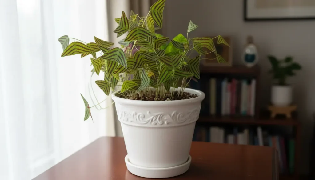 Butterfly plant care indoors — striped patterned leaves growing in a white decorative pot near a window