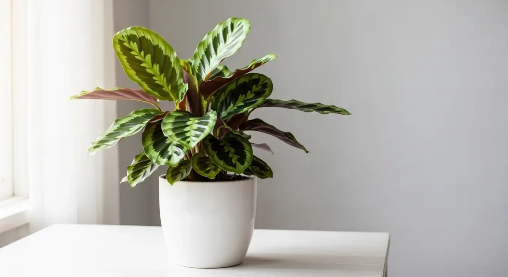 Calathea plant in a white pot with vibrant patterned leaves on a wooden table