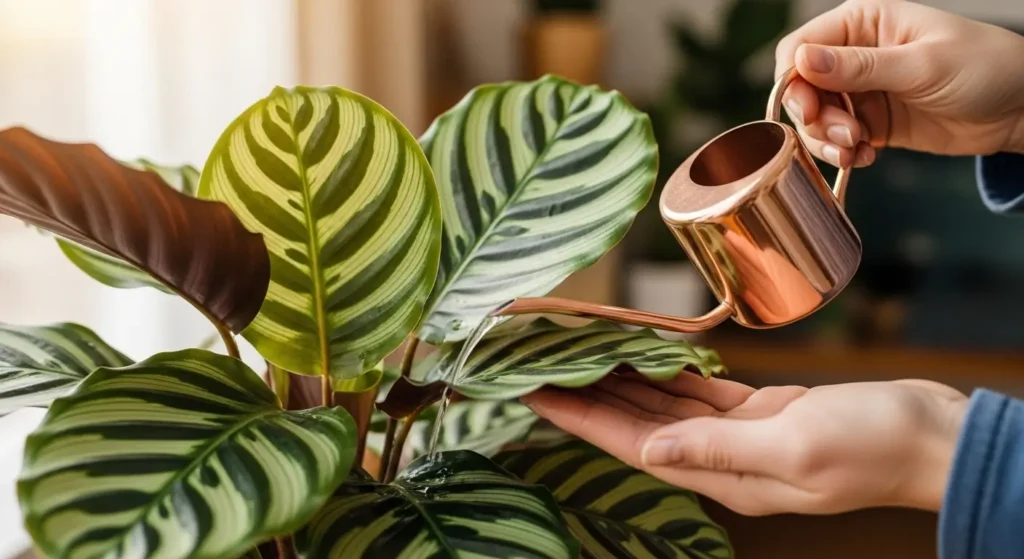 Hands watering a calathea plant with a small watering can indoors