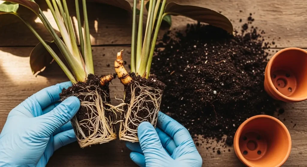 Gloved hands dividing a root ball into two sections over a wooden surface with terracotta pots