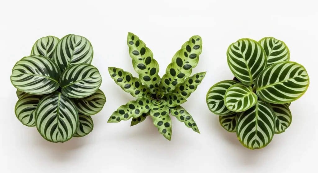 Three calathea plant varieties including orbifolia, lancifolia, and zebrina displayed side by side