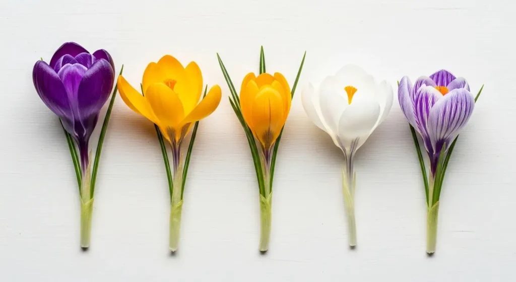 Crocus flowers plant varieties including Dutch purple, golden yellow, white snow and striped lavender displayed flat lay