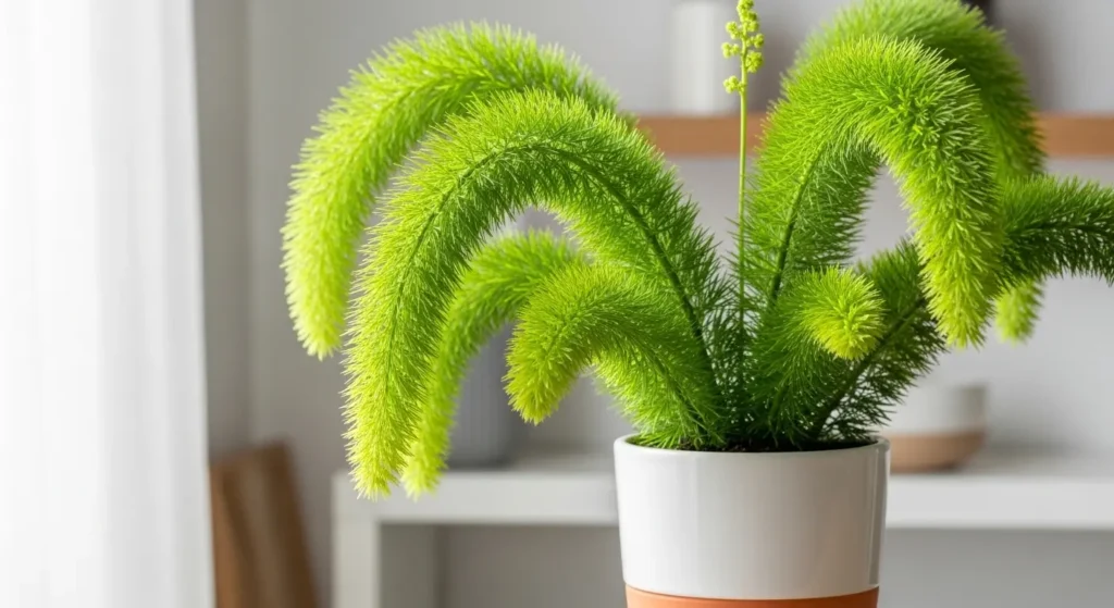 Foxtail fern houseplant with lush feathery foliage in terracotta pot showing healthy growth and texture