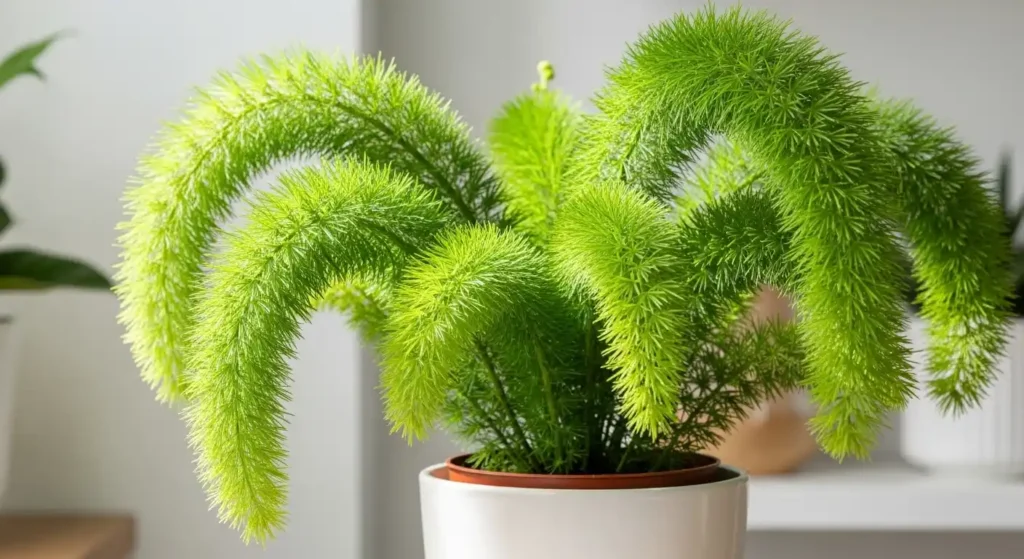 Healthy foxtail fern with fluffy bright green plumes in modern white ceramic pot on neutral background