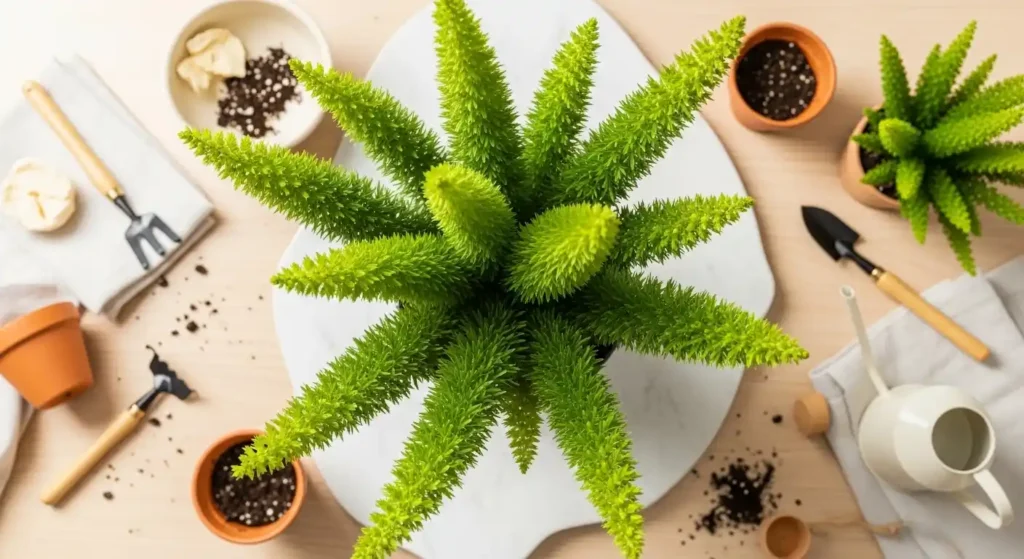 Overhead view of foxtail fern with gardening tools and pots showing plant care setup and maintenance
