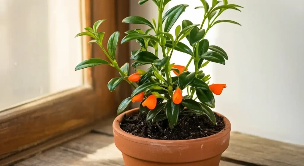 Goldfish plant care in bright home office with orange tubular flowers in terracotta planter on wooden desk
