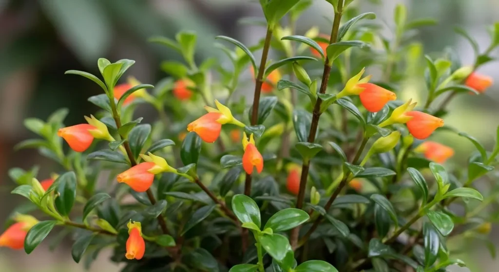Goldfish plant care displayed in elegant white ceramic vase on marble coffee table in modern living room with orange blooms