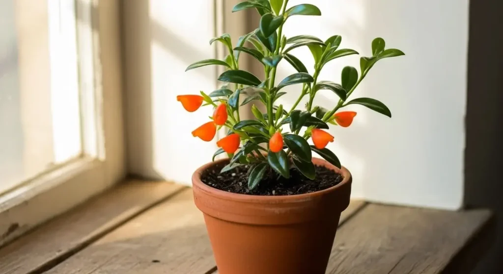 Goldfish plant care creates elegant dining table centerpiece with cascading orange blooms in tall ceramic vase