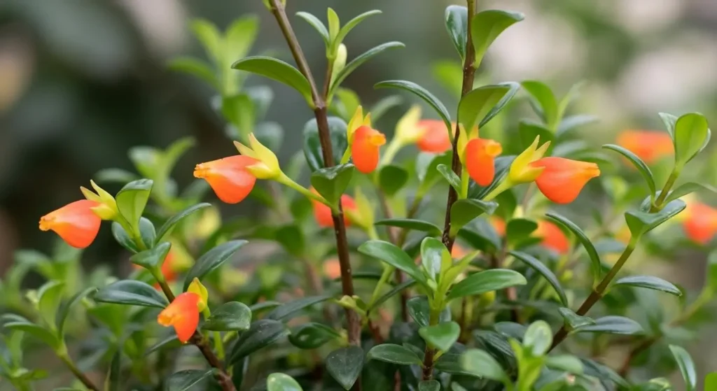 Goldfish plant care in bathroom environment with high humidity showing orange flowers and glossy green leaves in gray vase