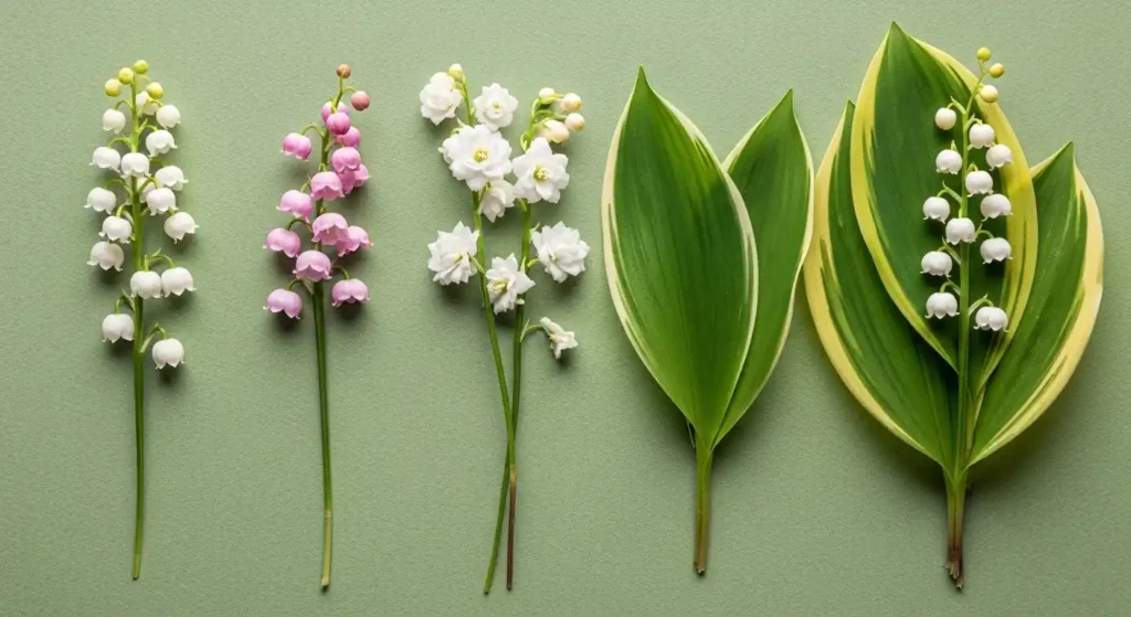 Five varieties of lily of the valley the may birth flower including white pink double and variegated types arranged in a flat lay