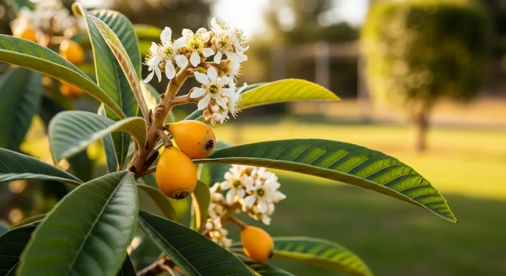 Loquat tree branch with creamy-white flower clusters and ripening yellow-orange fruit growing together in warm sunlight