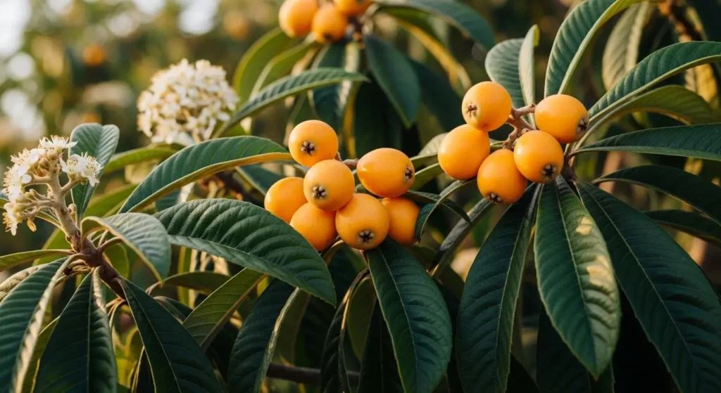 Ripe yellow-orange loquat eriobotrya japonica fruit clusters growing on a branch with large dark green leaves in a sunny garden
