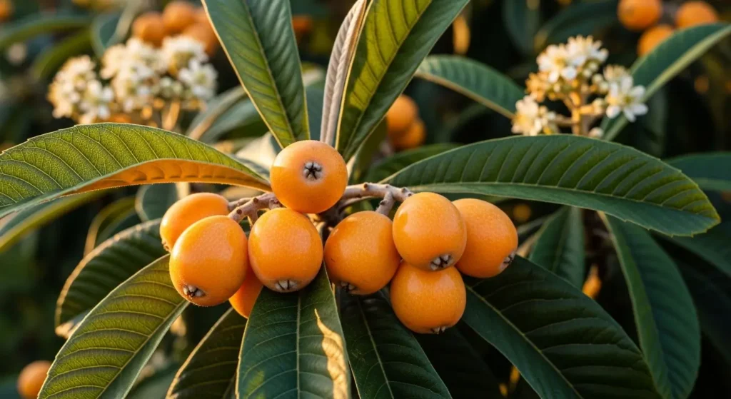 Close-up of ripe loquat eriobotrya japonica fruit clusters on a branch in warm sunlight