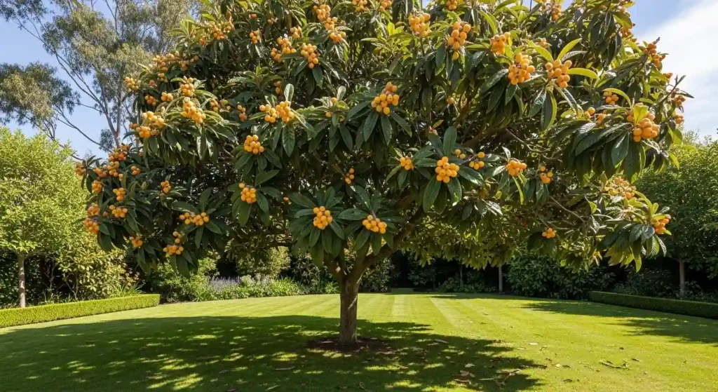 Mature loquat eriobotrya japonica tree loaded with yellow-orange fruit in a sunny garden