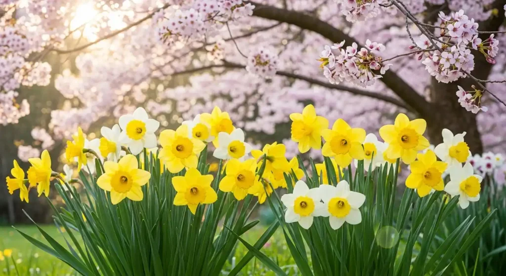 March birth flower guide featuring yellow daffodils under pink cherry blossom tree