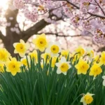 March birth flower daffodils and cherry blossoms blooming together in spring garden