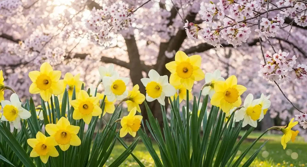 March birth flower daffodils and cherry blossoms growing in natural garden setting