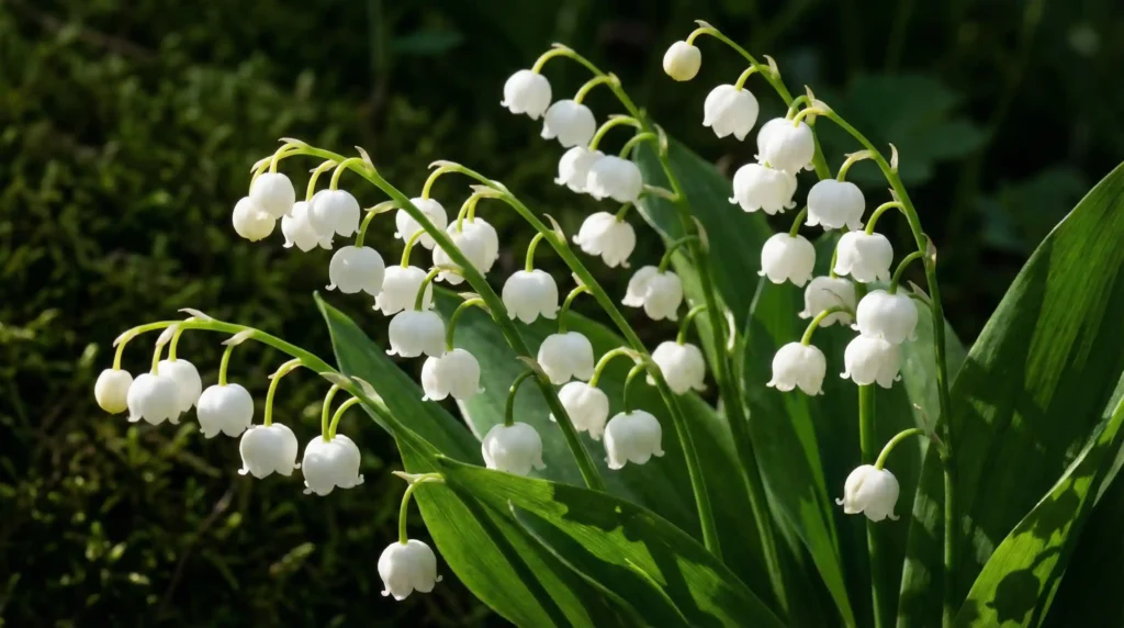 May birth flower lily of the valley white bells against a dark moody green background