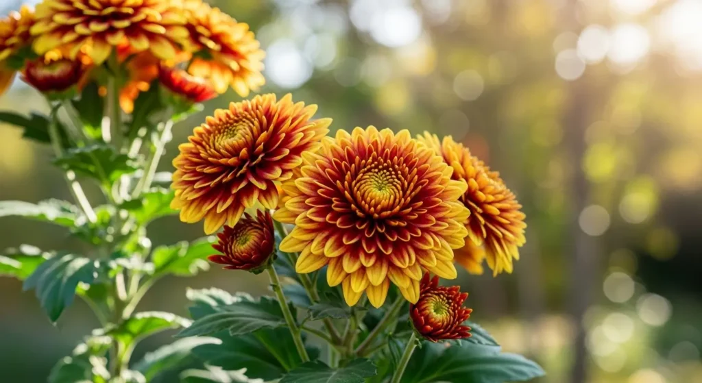 Golden and burgundy chrysanthemum morifolium blooms up close — the november birth flower growing in a fall outdoor garden