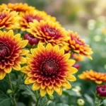 November birth flower chrysanthemum in full fall bloom with golden yellow and burgundy petals in a sunny garden