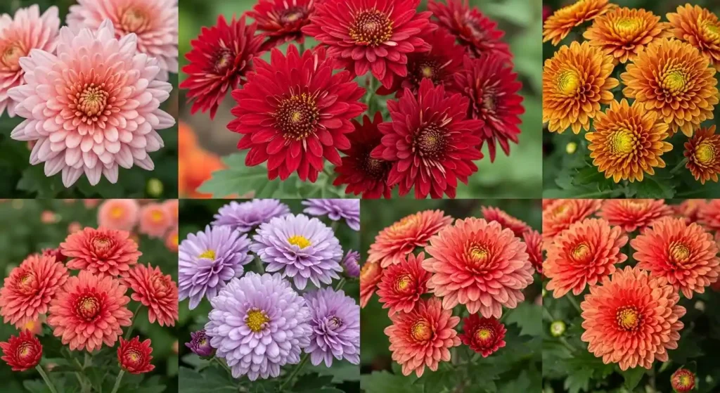 Six different chrysanthemum varieties side by side showing pink, red, bronze, purple, coral and rose blooms in a fall garden