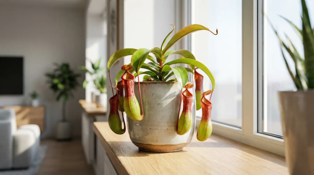 Large indoor pitcher plant with big tubular traps centered in a pot on a bright windowsill pitcher plant care guide