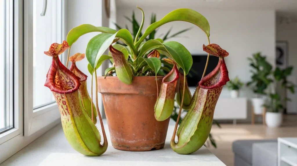 Close-up of a large indoor pitcher plant with vibrant green pitchers in a centered pot — indoor pitcher plant care tips