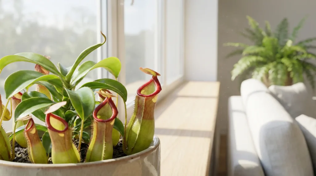 Close-up of a large indoor pitcher plant with vibrant green pitchers in a centered pot indoor pitcher plant care tips