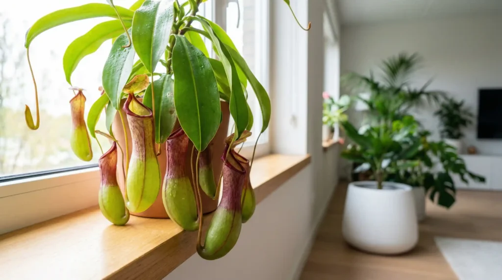 Large Nepenthes pitcher plant in a centered pot on a sunny windowsill indoor pitcher plant growing guide