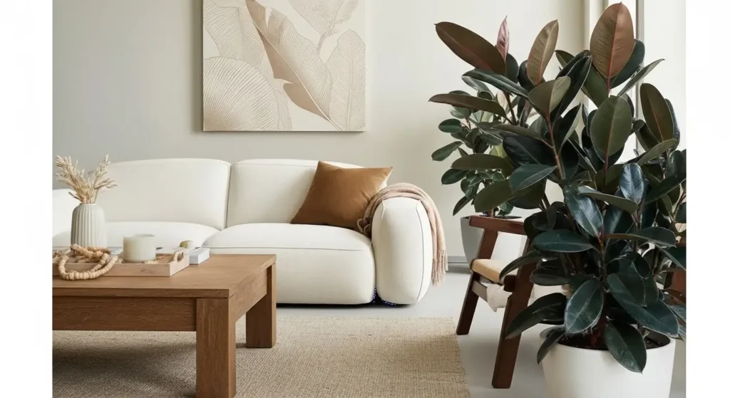 Rubber plant care essentials - close-up of healthy Ficus elastica with perfect leaf condition