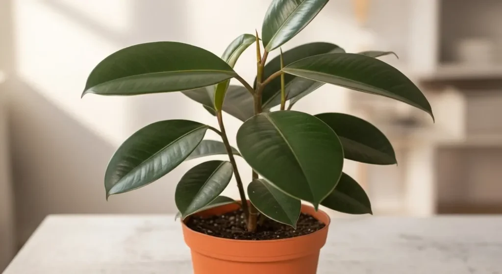 Rubber plant care guide showing healthy glossy green Ficus elastica leaves with proper lighting