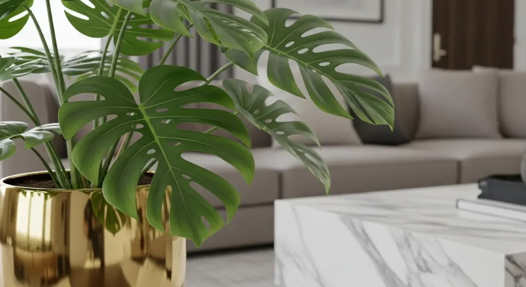 Swiss cheese plant with fenestrated leaves in gold planter in modern luxury living room with natural light